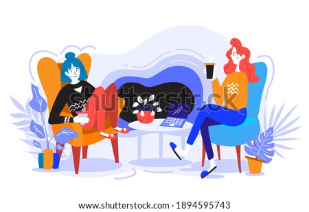 Girl are sitting on a sofa, working, chatting, and drinking coffee. Warm and cozy atmosphere. Team hobby concept. Flat vector colored illustration. Room interior design