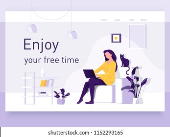 A girl sitting the sofa works the laptop  Vector flat illustration  Landing page template  cartoon style 