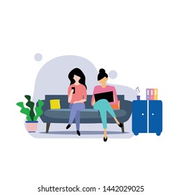 A girl sitting on the sofa works on the laptop. Vector flat illustration.template, cartoon style