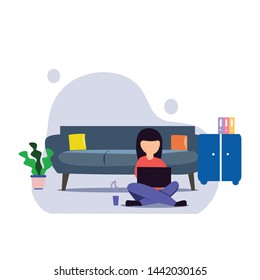 A girl sitting on the sofa works on the laptop. Vector flat illustration.template, cartoon style