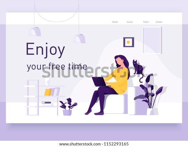 A\
girl sitting on the sofa works on the laptop. Vector flat\
illustration. Landing page template, cartoon\
style.