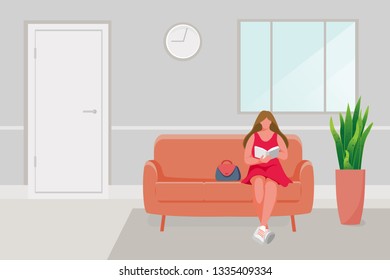 Girl sitting on the sofa. Young girl reading book. Vector illustration
