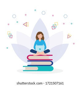 The girl is sitting on a stack of books with a laptop in her hands. Illustration of the concept of e-learning, distance learning and self-education.