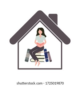 Mädchen sitzen auf einem Stapel Bücher und lesen ein Buch. Konzept studieren. Flachdesign.