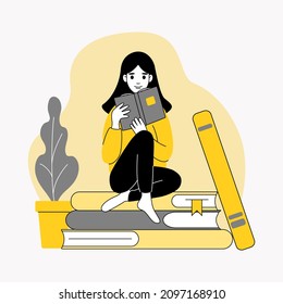Girl sitting on stack of books and reading. Character outline. Rest, leisure, free time. Bookshop, bookstore, book lover, library, bibliophile, education concept. Vector illustration in cartoon style