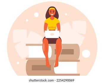 Girl sitting on a stack of books and working on a laptop. Online education concept. Remote work freelancer. Vector graphics