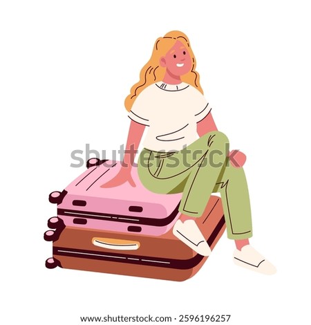 Girl sitting on stack of suitcases to wait and travel. Female character waiting for transport arrival. Voyage, transportation mascot, cartoon woman and suitcases vector illustration