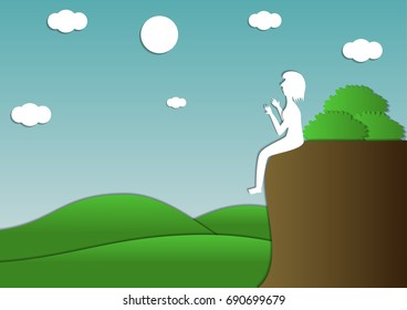 A girl is sitting on the stone and over the mountain. Paper art.