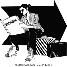 A girl is sitting on suitcases, looking at a guidebook against a black arrow background. Vector illustration. This illustration could be used for a postcard or poster.