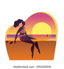 A girl sitting on a surfboard waiting for a wave. Vector icon in a flat style on the theme of surfing.