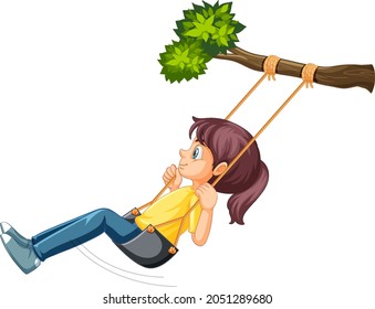 Girl Sitting on swing hanging on tree branch illustration