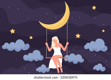 Girl sitting on swing hanging from moon at night vector illustration. Cartoon young woman flying in sleep amongst stars of cosmos and silhouettes of clouds. Sweet dream, meditation, bedtime concept