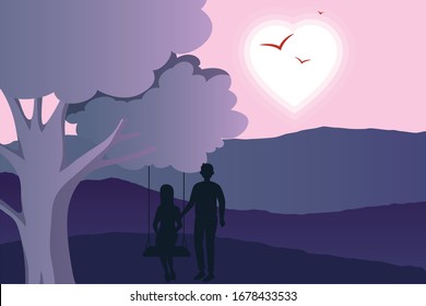 A girl is sitting on a swing with her boyfriend in the sunset scene