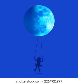 A girl sitting on a swing under the big blue moon.