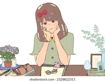 a girl sitting on the table reading a book.