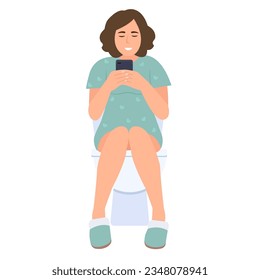 Girl sitting on toilet bowl with smartphone in hand. Social media addiction. Vector illustration isolated on white background
