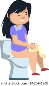 Girl sitting on a toilet, illustration, vector on white background.