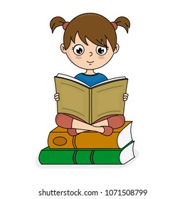 girl sitting on top of books reading. Vector isolated