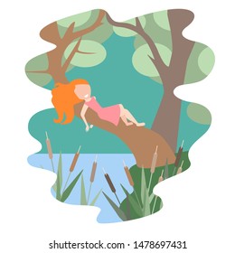 Girl sitting on a tree near the water with reeds