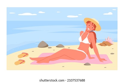 Girl sitting on tropical sea beach and sunbathing summertime vector illustration. Cartoon young adult woman tourist wearing swimsuit and hat, cute happy lady relaxing on summer vacation background