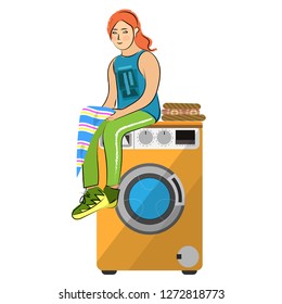 The girl is sitting on a washing machine and holding washed clothes in her hands. Sketch and flat combination. Vector illustration