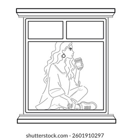 The girl is sitting on the window and drinking coffee.