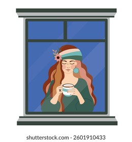 The girl is sitting on the window and drinking coffee.