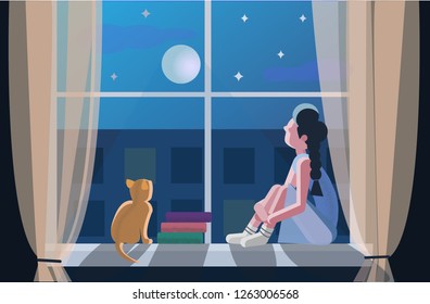 girl sitting on the window with her cat and books and looking on the moon