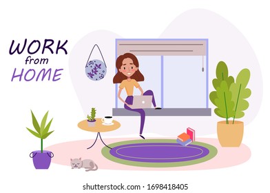 Girl is sitting on the window with laptop and is working from home on quarantine. Cat is sleeping at home near plants and carpet. Everyone is staying at home. Cartoon vector illustration