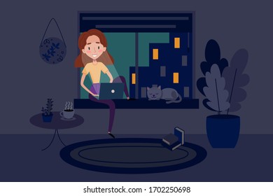 Girl is sitting on the window with laptop and working from home remotely near the sleeping cat at night. Everyone is staying at home on quarantine. Cartoon vector illustration