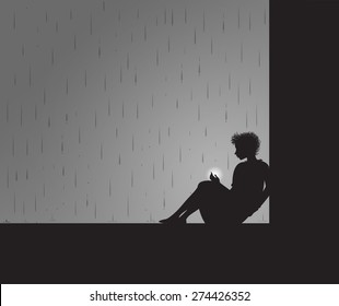 girl sitting on window and the light in rainy weather, waiting teenager, dream in secret place, city solitude, shadows, vector