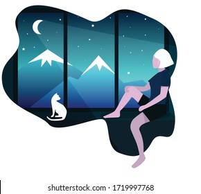 Girl sitting on a window sill by the window with a cat
