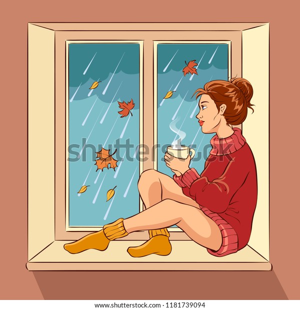 Girl Sitting On Window Sill Holding Stock Vector Royalty Free