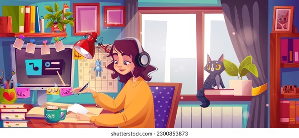 Niña sentada en el escritorio del área de trabajo de la ventana en el fondo vectorial de la oficina doméstica. Diseño de habitaciones para adolescentes y mobiliario para educación con mesa, computadora y silla. Ilustración en el lugar de trabajo de las estudiantes mujeres internadas