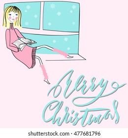 Girl sitting on the window-sil and read book on pink background. Merry Christmas lettering. EPS10