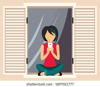 Girl sitting on the windowsill by the open window talking on the phone, doing selfie photo, tenant in her house. Female looks out the window, resting at home. Person stays at home, daily life