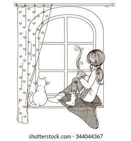 The girl is sitting on the windowsill looking out the window, with the cat in the hands of a cup of hot tea and coffee. Black and white drawing, coloring book.