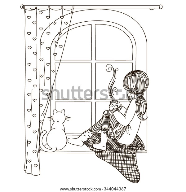 The Girl Is Sitting On The Windowsill Looking Out The Window With The Cat In The Hands Of A Cup 1596