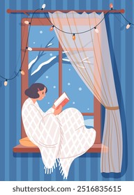 Chica sentada en la ventana y leyendo un libro. Adolescente contra el fondo de una ventana con un paisaje de invierno. Guirnalda de Navidad de ventana, vacaciones acogedoras. ¡Felices Navidades! Ilustración vectorial