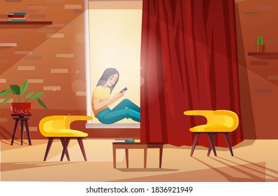 Girl sitting on the windowsill with a smartphone. Living room cartoon interior with big window, yellow chairs, red curtain. Vector illustration.