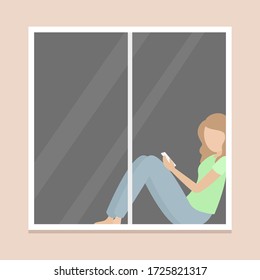 Niña sentada en el umbral de la ventana y usando un smartphone. Ilustración vectorial.