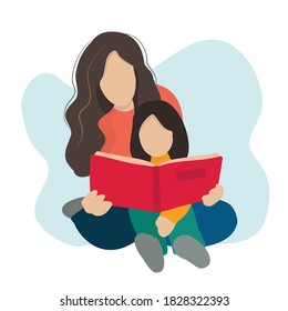 A girl sitting on a woman's lap, reading a book together