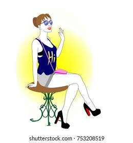 
The girl is sitting on a wrought-iron stool and waving her hand.