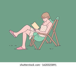 A girl is sitting in an outdoor chair and reading a book. hand drawn style vector design illustrations. 