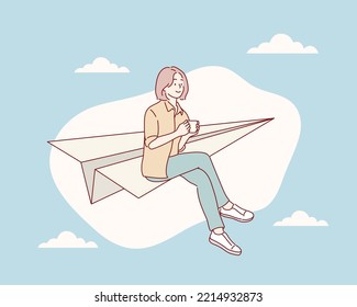 girl sitting paper page plane. Hand drawn style vector design illustrations.