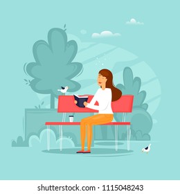 Girl is sitting in a park reading a book. Flat design vector illustration.