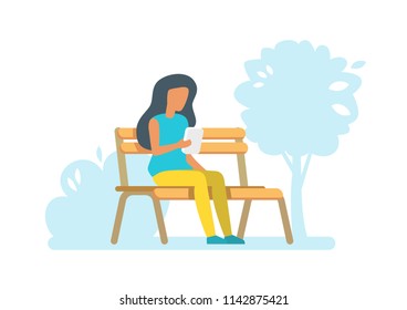 Girl sitting in a park and using smartphone. Flat design vector illustration.