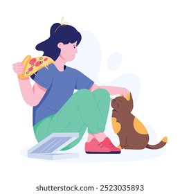 Girl sitting with pet and eating pizza, flat illustration 