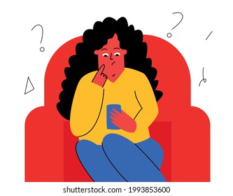 the girl is sitting with the phone in her hand. the girl looks thoughtfully at the phone. Vector character in a simple style