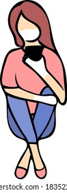 The girl is sitting with a phone in her hands in a mask and gloves. Minimalistic style. Flat vector illustration, hand drawing. Concept of online orders, isolation, distance learning, communication.